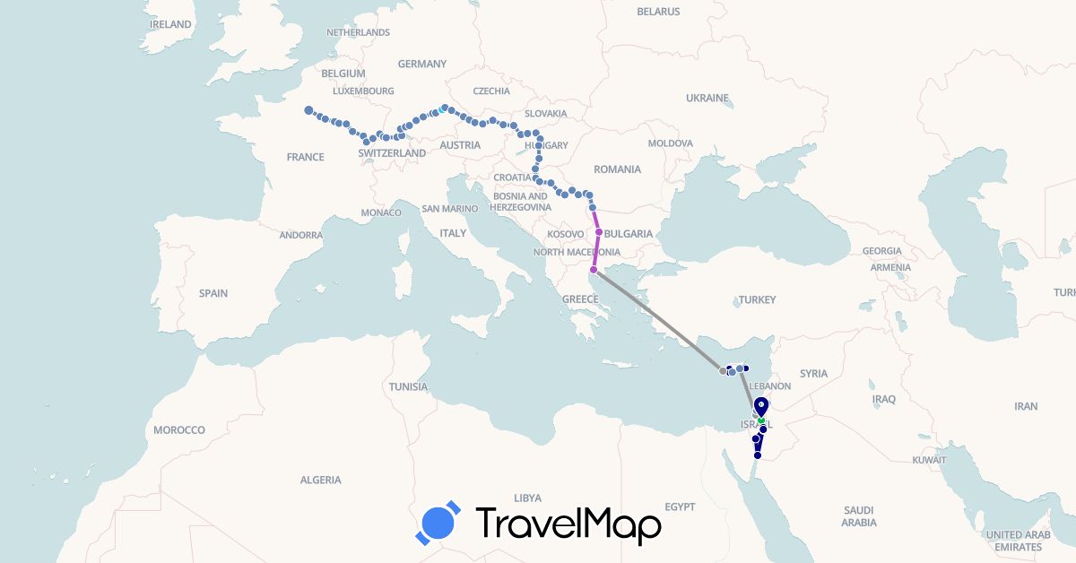 TravelMap itinerary: driving, bus, plane, cycling, train, boat in Austria, Bulgaria, Switzerland, Cyprus, Germany, France, Greece, Croatia, Hungary, Israel, Romania, Serbia, Slovakia (Asia, Europe)